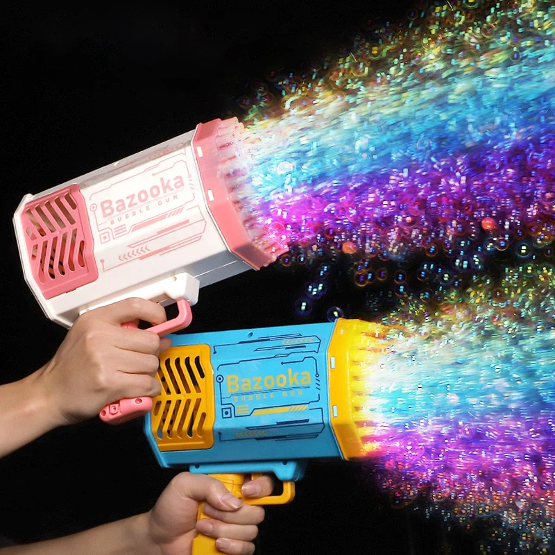 Pistola per bolle Razzo 69 fori Bolle di sapone Macchina a forma di mitragliatrice Ventilatore automatico con giocattoli leggeri per bambini Pomperos Regalo per bambini