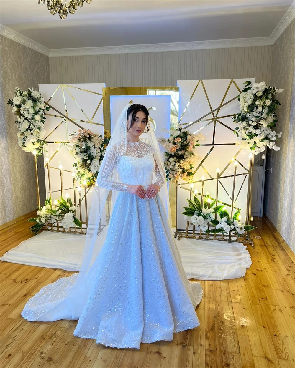 맞춤형 반짝 이는 스팽글 긴 소매 신부 가운 클래식 오-넥 a 라인 웨딩 드레스 우아한 Organza Vestido De Novia