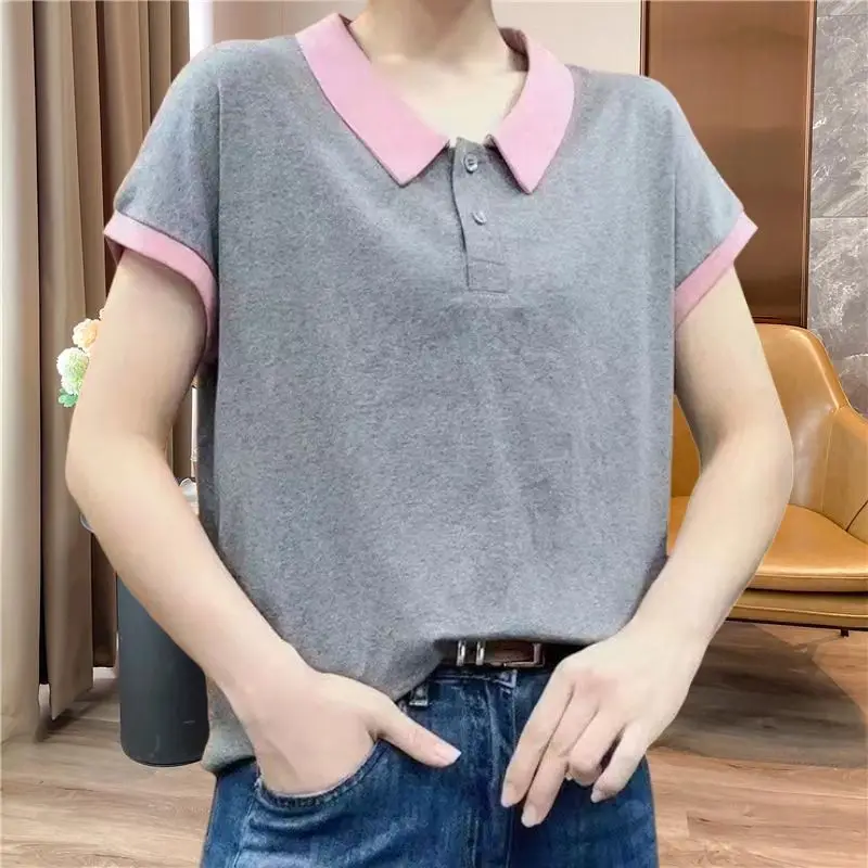 

Summer New Contrast Color Pullovers Polo-Neck Button Spliced Short Sleeve T-shirt Elegant Loose Casual Work Wear Women's Tops