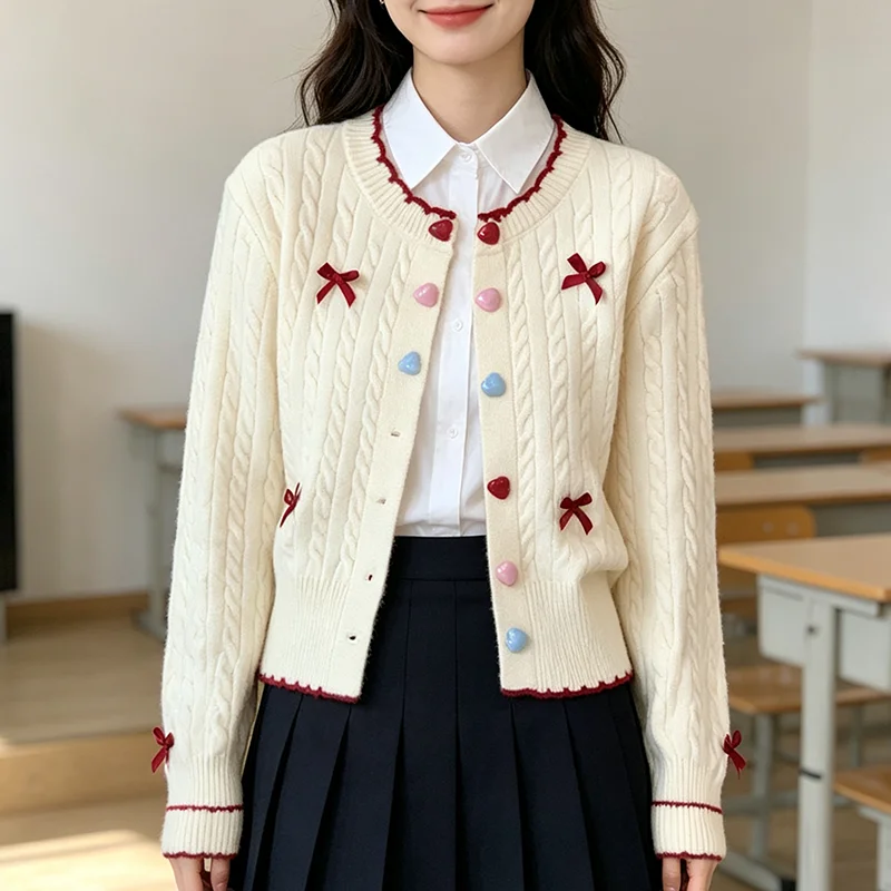 Sweet Cute Bow Cable Knit Sweater Women Heart Shaped Colorful Button Round Neck Cardigan Woman Autumn Preppy Style Sweater Coat