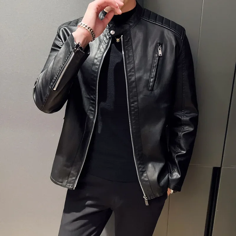 

M-5XL Men's Motorcycle Leather Coats Trendy Handsome Stand Collar Waterproof PU Jacket Outwear Youth Slim Zipper Bomber Jackets