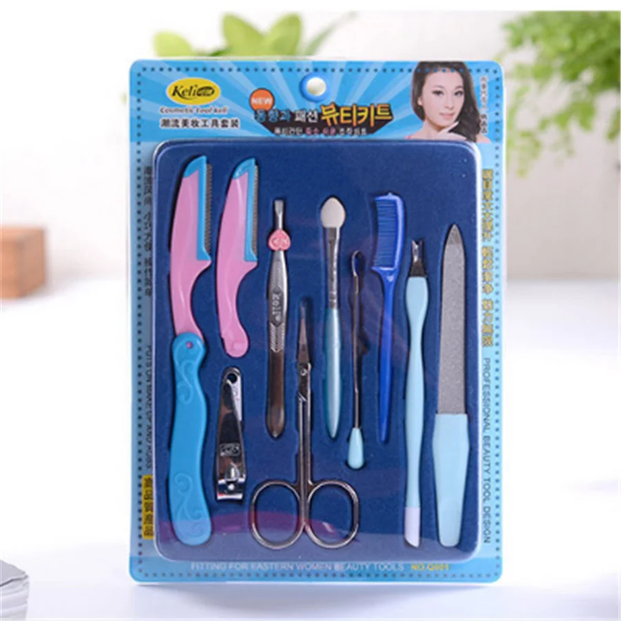 Korean Fashion Home 10pcs Combination Beauty Dedicated Makeup Tool Kits Nail Set Eyebrow Tweezers Trimmer Scissors Files Tool