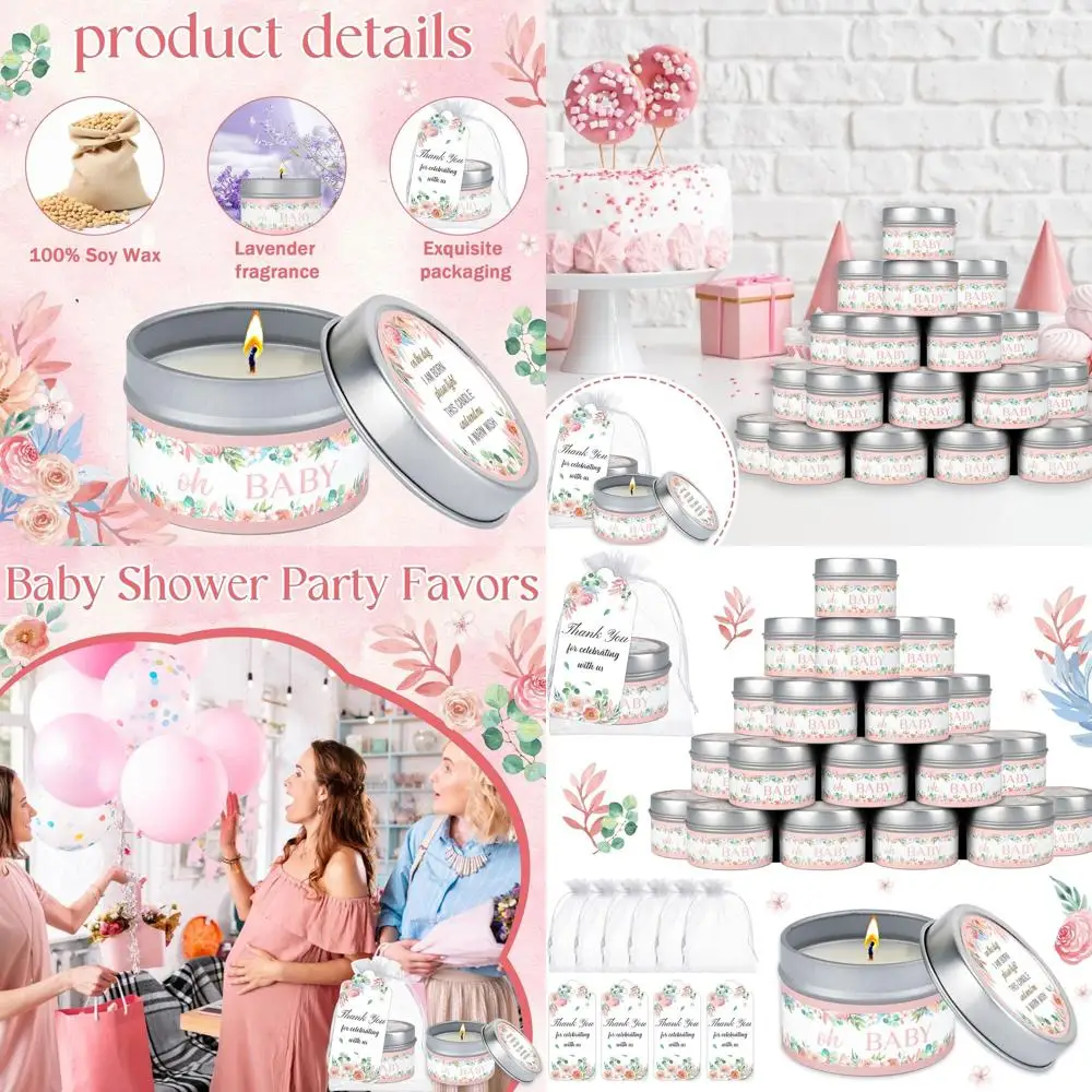 

50 Pink Flower Lavender Scented Candles for Baby Shower Favors - Gender Reveal Party Gifts