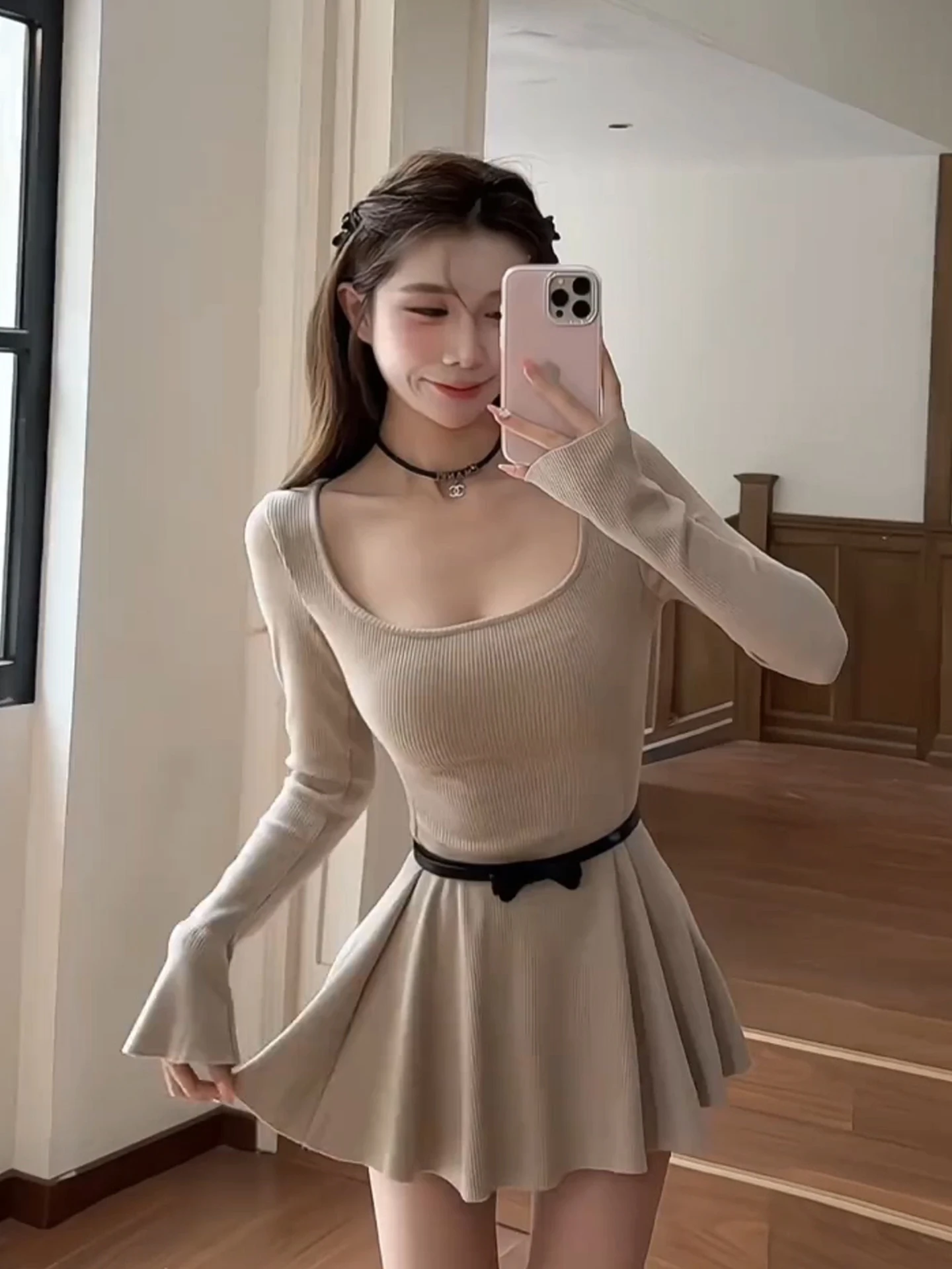 

XZY plus Size Knitted Dr Square Collar Elastic Waist Pleated Skirt Women's Faion Winter Casual High Waist Polyester Fiber