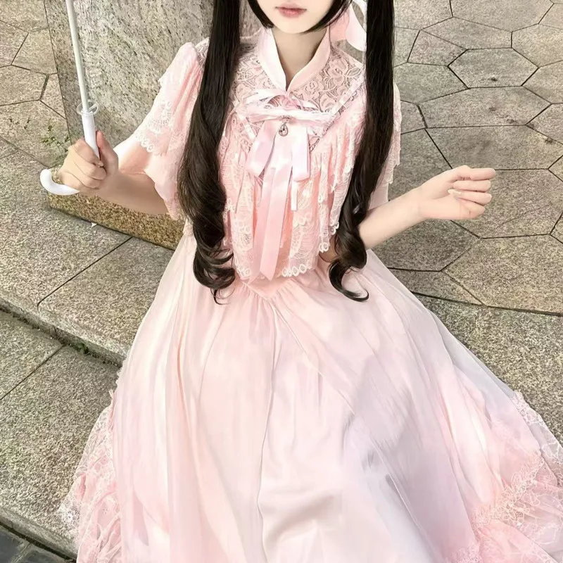 

Bow Dresses Women Y2K Retro Fugitive Princess Dresses Palace Diamonds Vintage Midi Dresses Fairy Spirit Loose Mini Dresses New