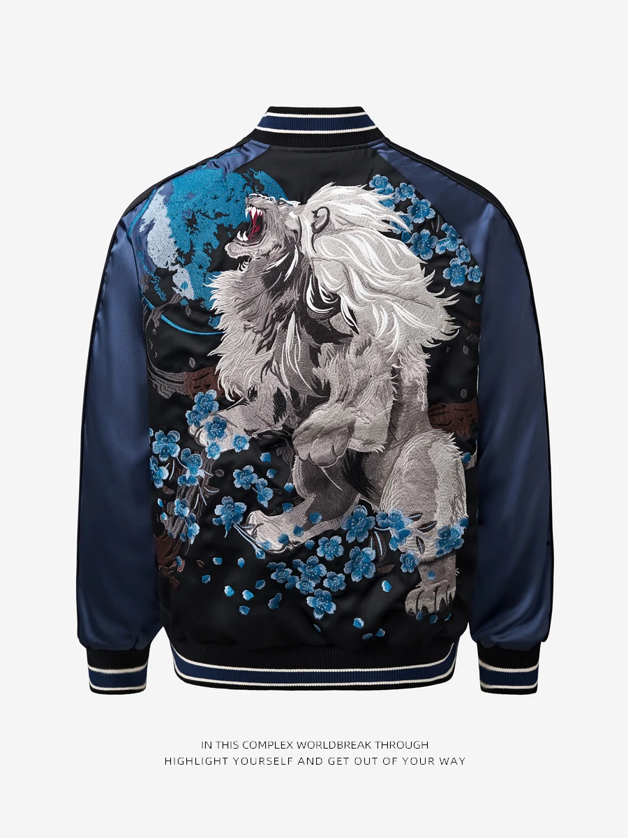 

Sukajan Dragon Peak Heavyweight Embroidered Lion Baseball Sle Satin Jaet Youthful Trendy Outerwear Stand Fit Zipper Cl...