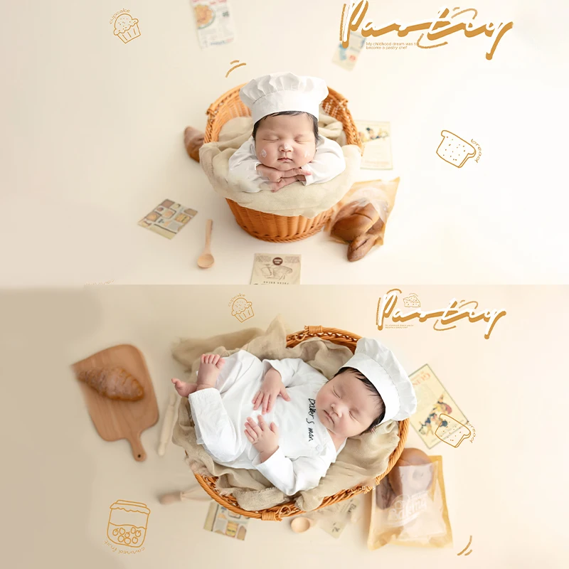 Newborn Photography Little Chef Costume Simulated Bread Whisk Kitchen Creative Props White Chef Hat Jumpsuit Infant Photo Set