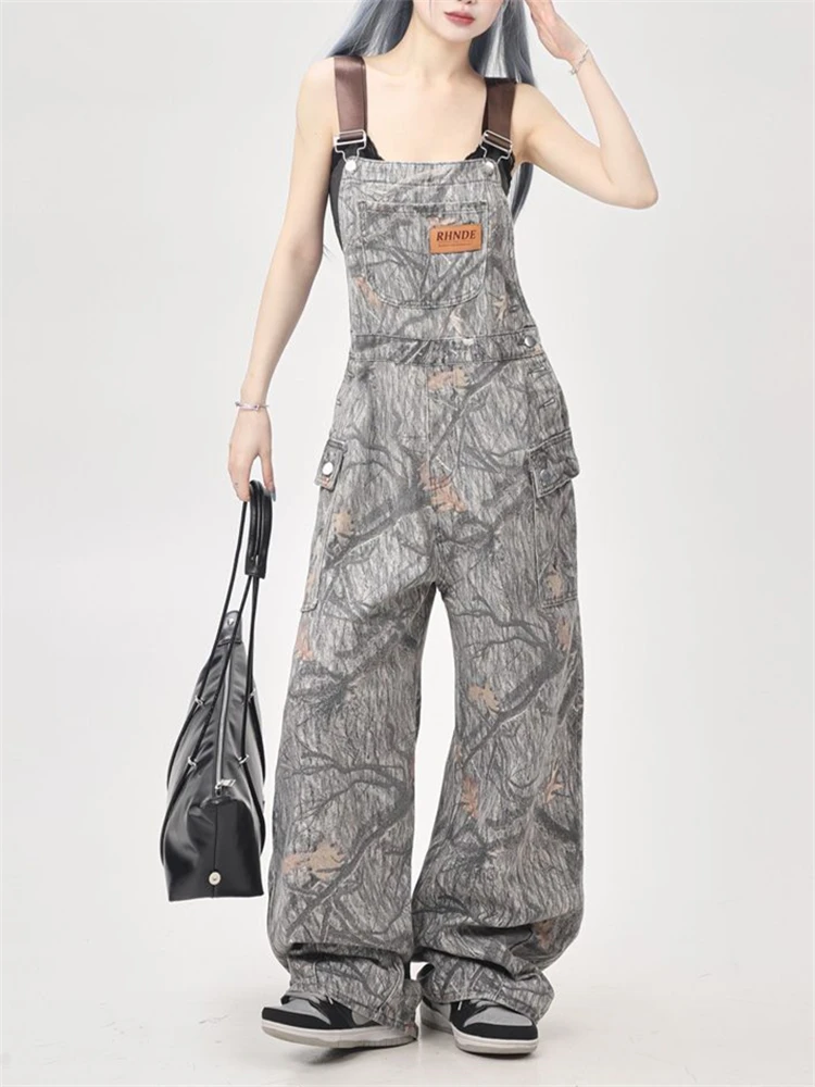 Women's Tree Branch Camouflage Suspender Jumpsuits Fashion Wide Leg Pants Streetwear Rompers Female Casual Straight Trouser