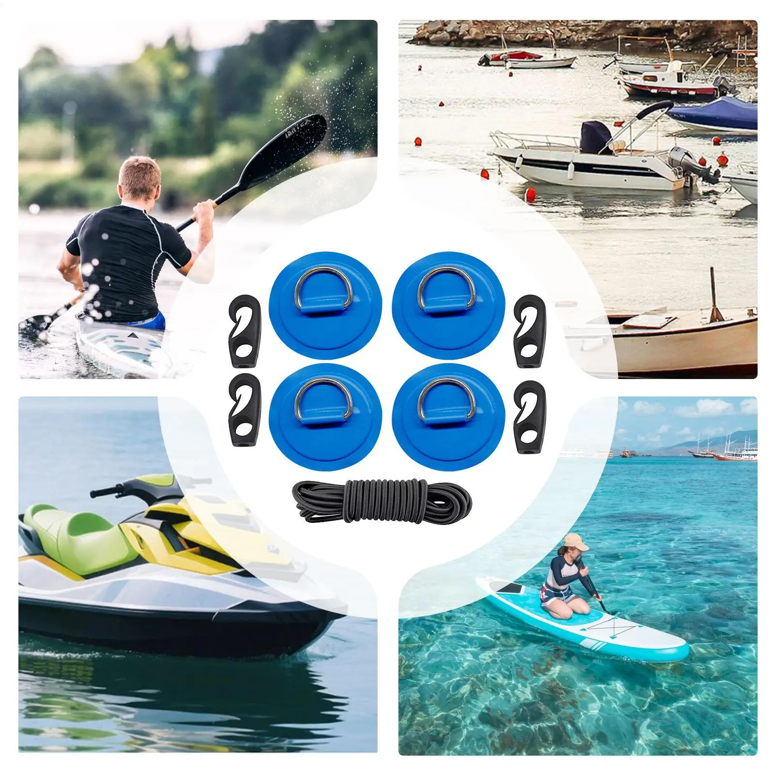 カヤックリギング-カヤックデッキリギング-dリングパッチとフック-タイダウンアクセサリー-粘着パッチ-釣りキャンプ用82フィートロープ