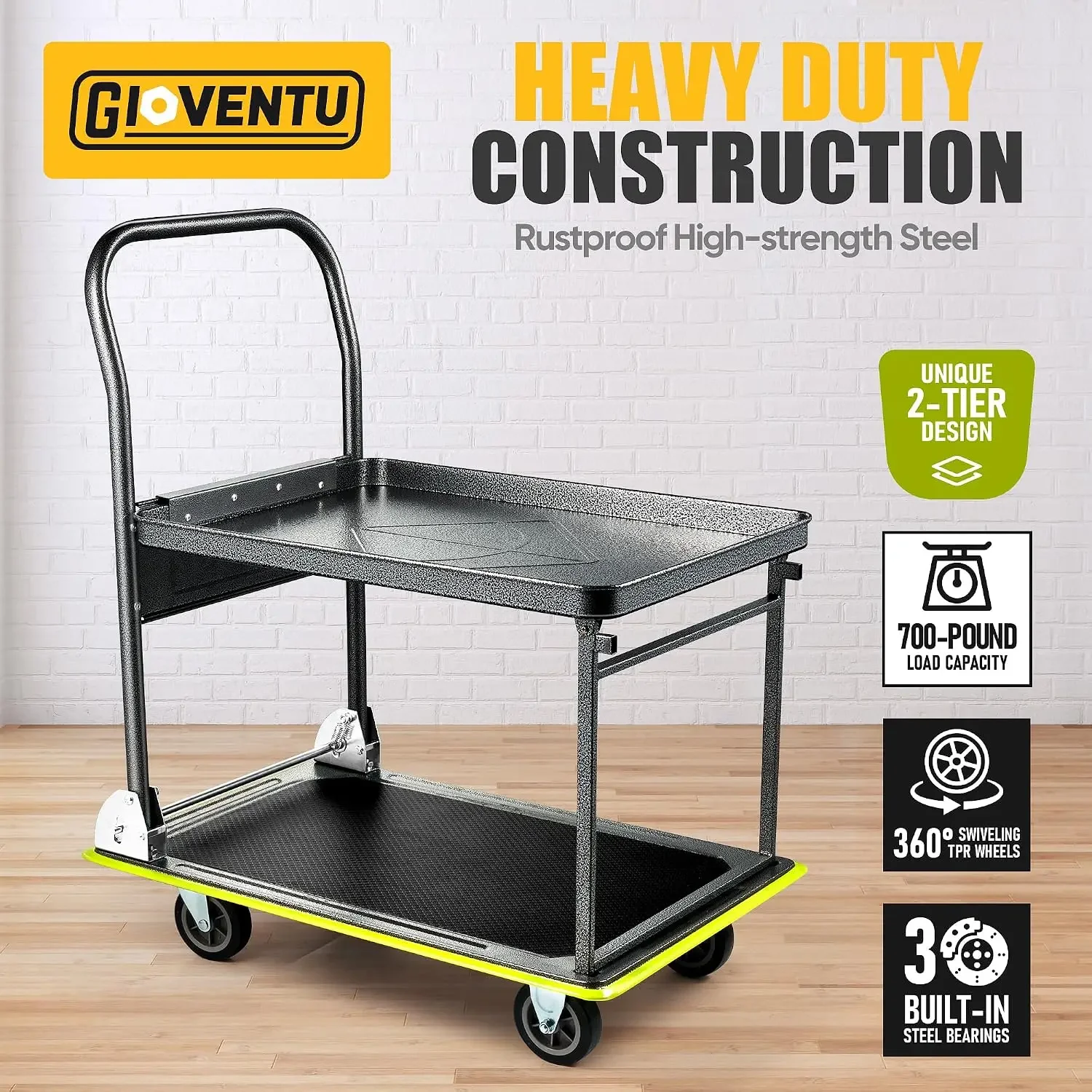 Heavy Duty Push Cart Dolly (700 lbs), 2 Tier Foldable Platform Hand Truck | High-Strength Steel, Collapsible Flatbed Moving