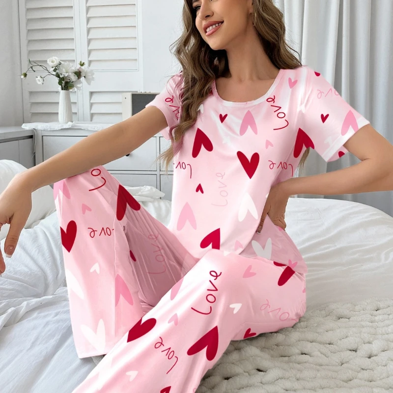 Women Pink Heart Print 2Pcs Pajama Set Short Sleeve Top Long Pants Casual Homewear Can Be Worn Out UPS Air,3-5Day Delivery