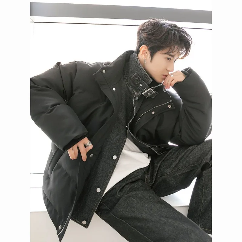 Harajuku الدنيم تقسم الوقوف طوق سترة منفوخة الرجال شتاء جديد سميكة قطعتين تصميم فضفاض عصري دافئ معطف الخبز عادية #2