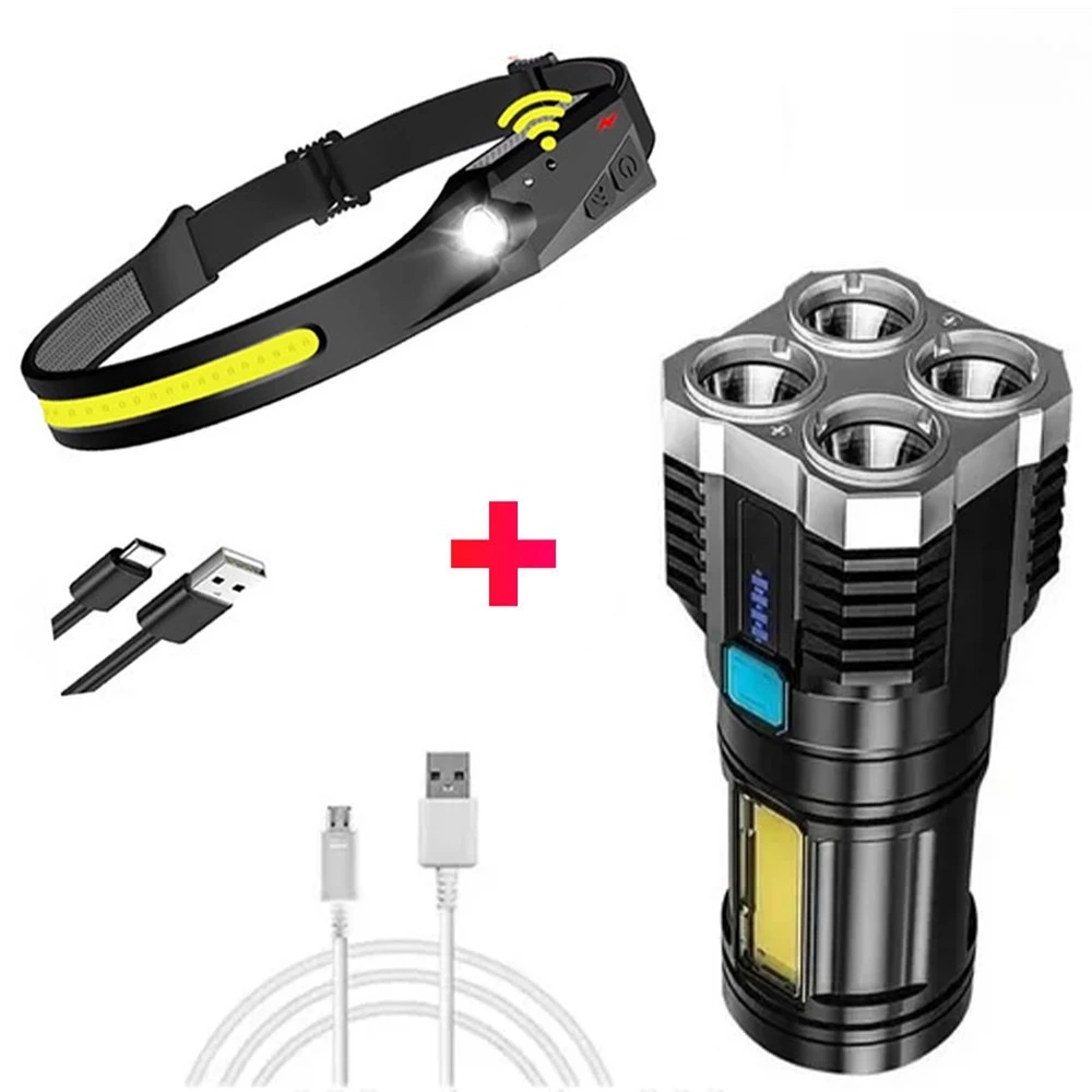 Kit Sobrevivência 3 em 1 com Lanterna Tática Recarregável e Farol de Cabeça, Luz de Emergência para Camping, Pesca e Aventura