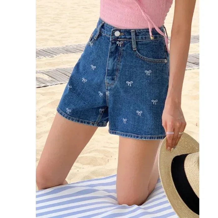 Simple Casual  Knot Print Three-Quarter Denim Shorts High Waist Short Pants Summer Collection for Young Women