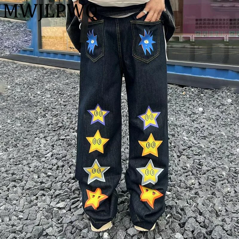 

MWJLPWQ, трендовые прямые джинсы в американском стиле с принтом в стиле хип-хоп, мужские шикарные уличные брюки 2025 года, осенние свободные повседневные длинные брюки 12528