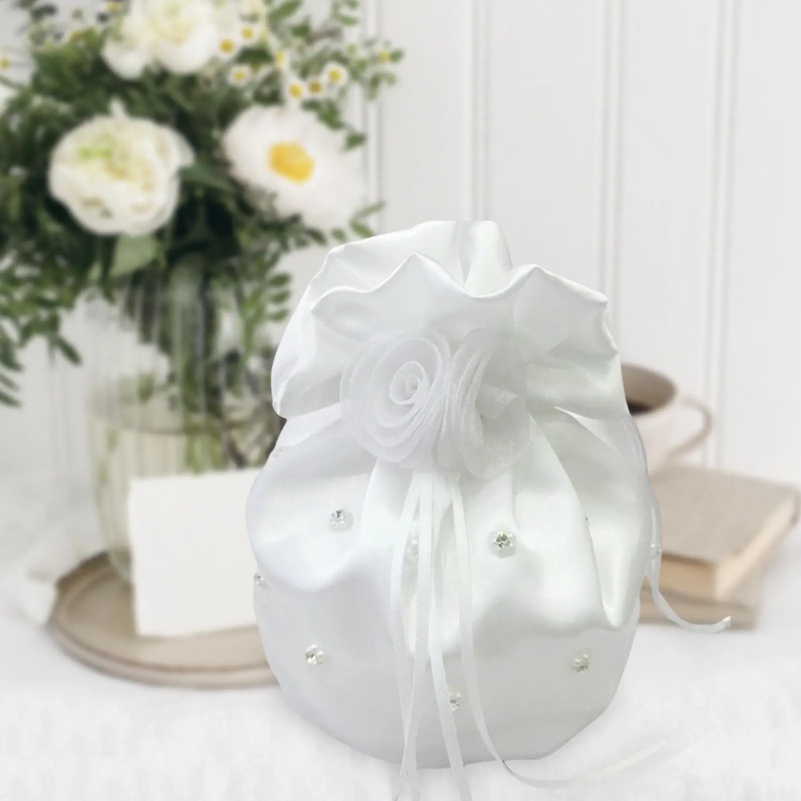 White Satin Bridal Wedding Clutch Flower Money Bag Drawstring Pouch Wristlet Handbag Party Bags Bridesmaid Wedding Accessories