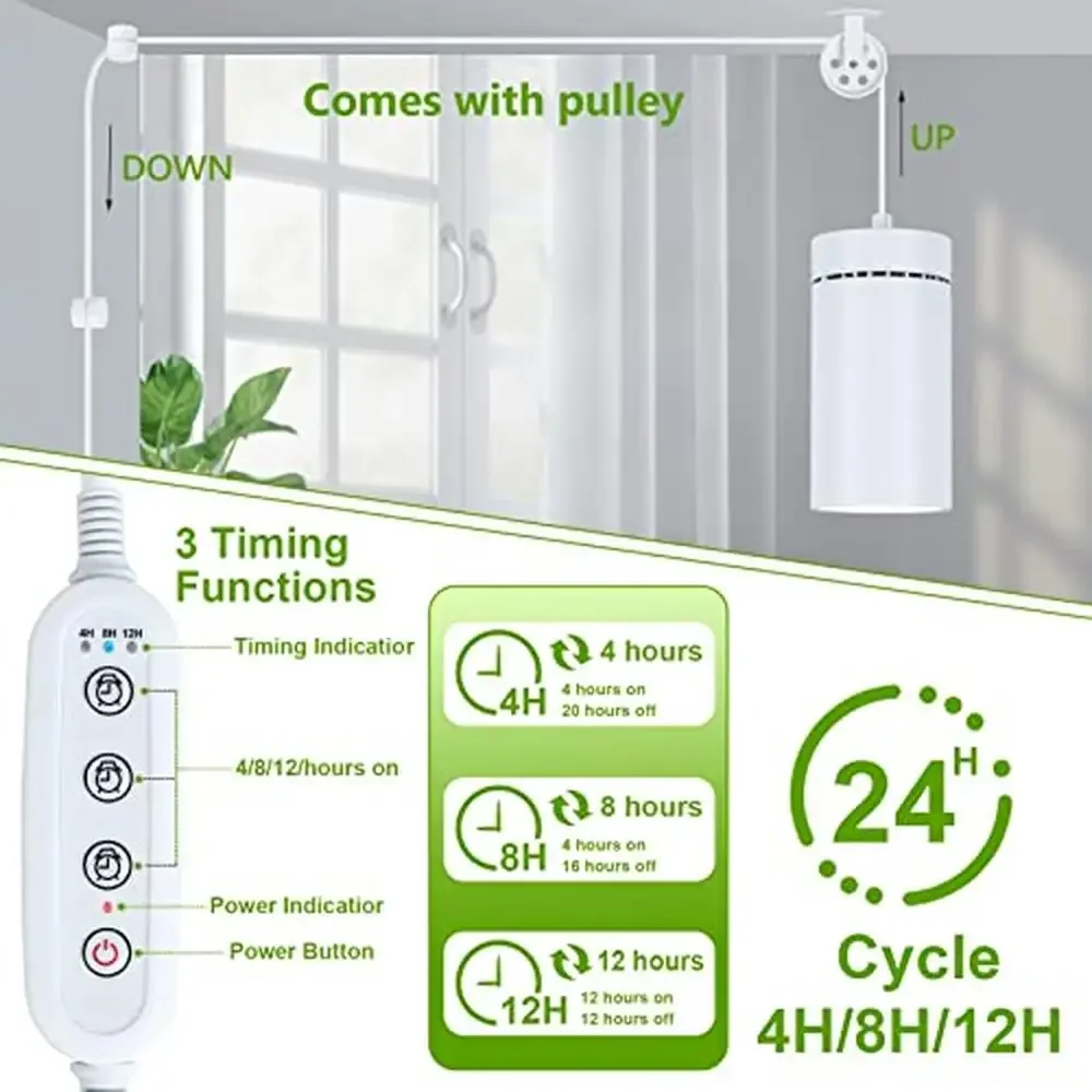 Lampada da coltivazione a sospensione a spettro completo Lampadina LED COB da 40 W Lampada per piante da interno con timer e puleggia Simulazione della luce solare in alluminio bianco Veloce