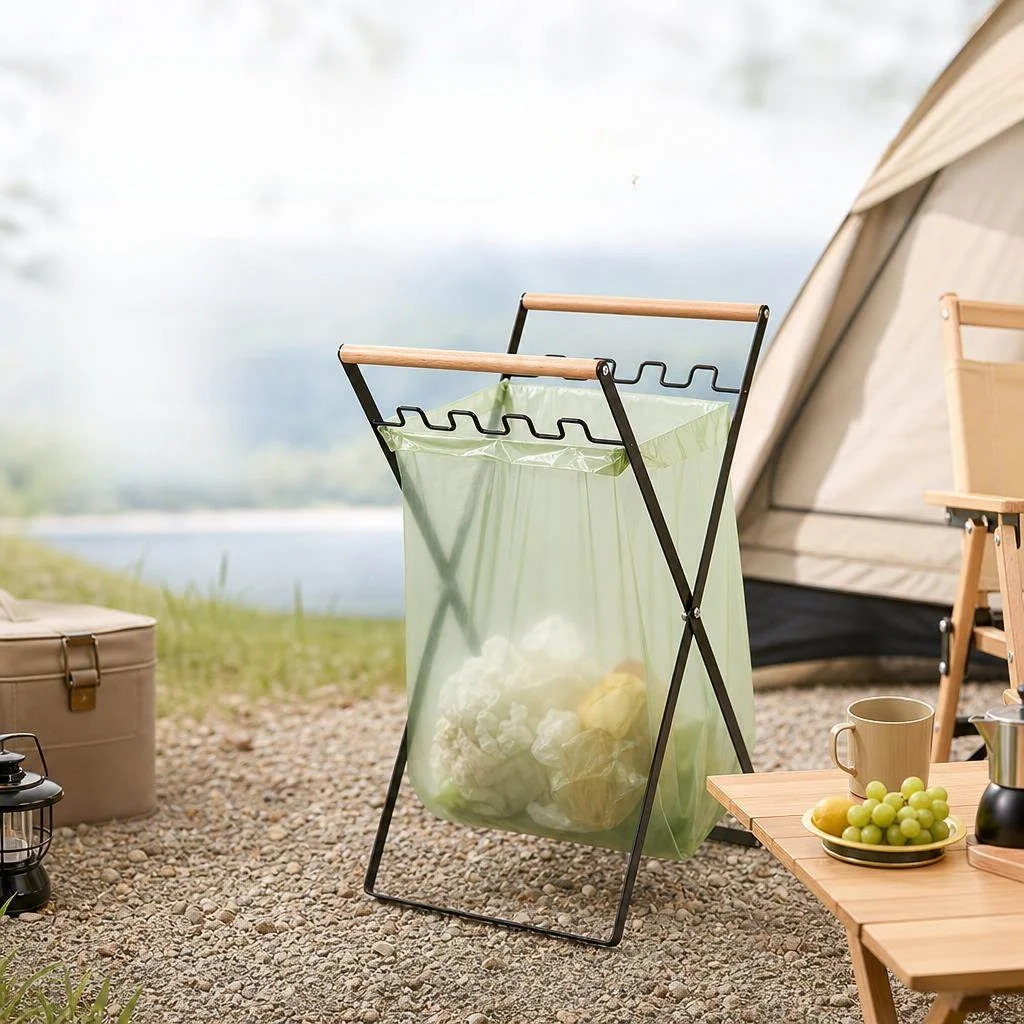 Outdoor Camping Trash Holder Stand Plastic Bag Support Rack Foldable Ground Based Campfire Garbage Storage Organizer