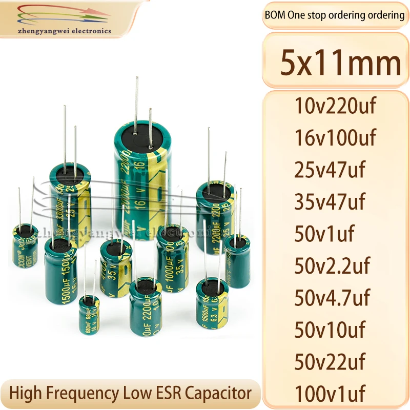 10v220uf 16v100uf 50v2.2uf 50v4.7uf 25v47uf 35v47uf 50v1uf 50v10uf 50v22uf 100v1uf 5x11 High Frequency Low Resistance Capacitor