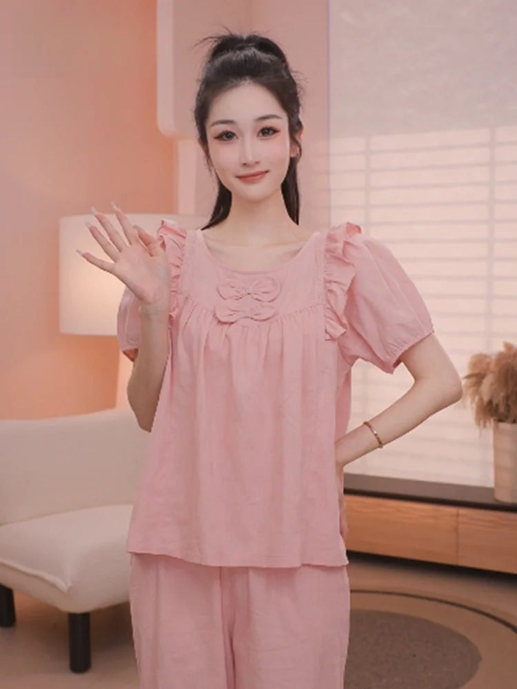 fenteng-sweet-style-ruffle-round-neck-short-sleeve-cotton-pyjamas-set-women's-summer-comfortable-home-clothes-nine-piece-pants