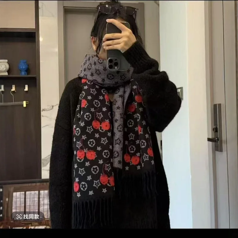 Fashion Luxury Cherry Stars Faux Cashmere Shawl Winter Long Warm Scarf Soft Comfort Wraps Spring Autumn Poncho Women Neckerchief