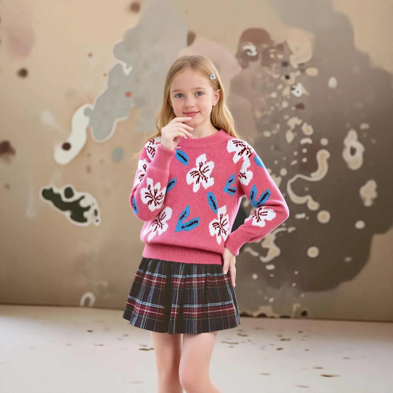 Mädchen Vintage Jacquard Pullover, Neuer Herbst-Winter Vielseitiger Pullover für Kinder und Ältere Kinder – Detail 3