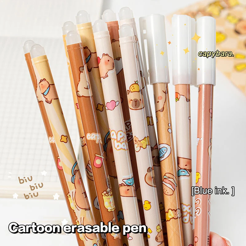 12Pcs Cute Capybara Erasable Pen Blue Ink Writing Smooth Quick-Drying Pens School Office Accessories Students Office Stationery