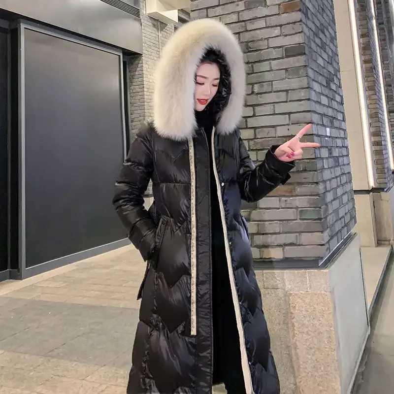 2024 Winter Fashion Long Down Jacket Women's Fur Collar Hooded Thickened White Duck for F336