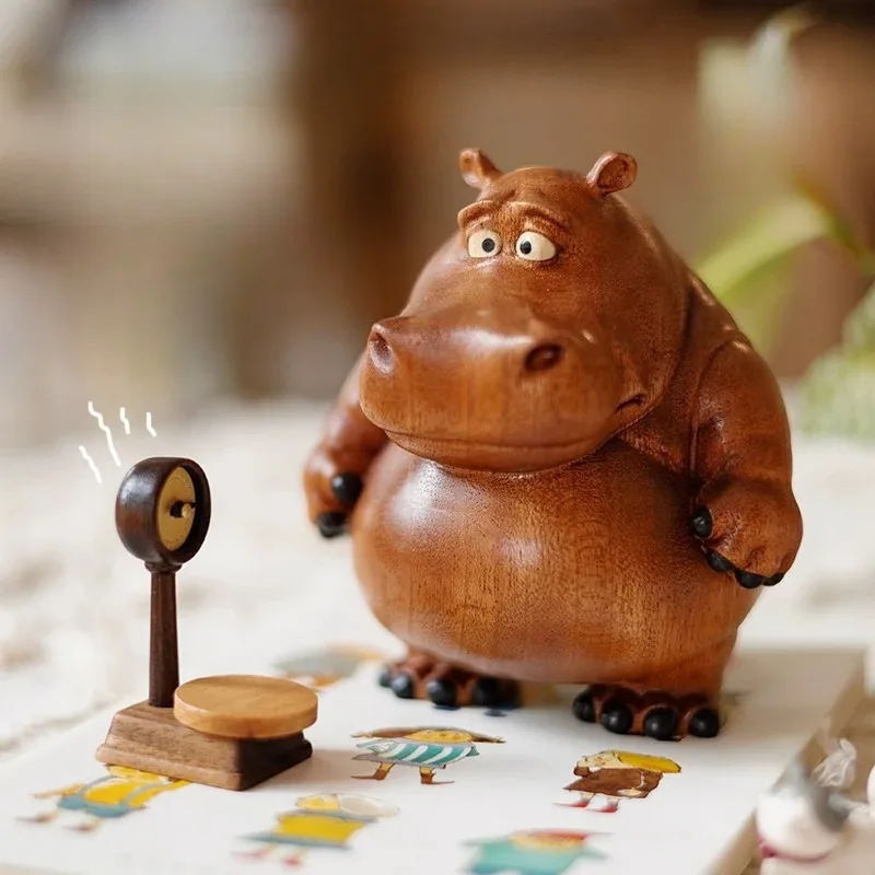 Cute Weight Loss Hippo Wooden Desk Decoration Funny Miniature Model Ornament Creative Gift for Friends Home Office
