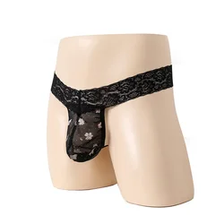 Mens Sexy Print Lace See-Through Thongs Pouch Underpants T-Tack G String Briefs Temptation Playful Transparent Soft Men Thong