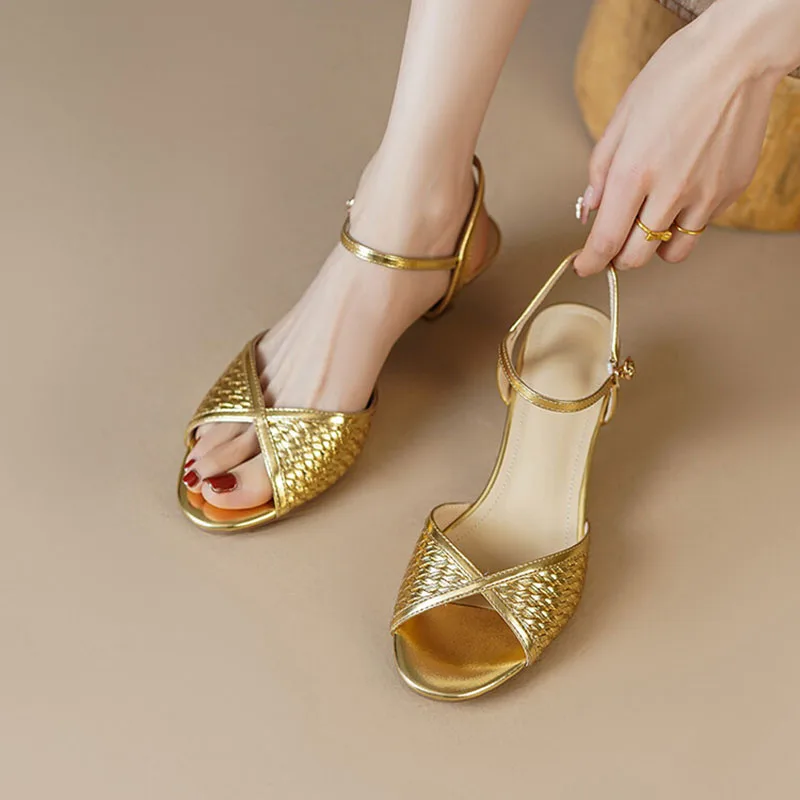 Phoentin Luxury Woman Sandals Kitten Heels French Elegant Shoes 2024 Gold Color Peep Toe Footwear FT3362