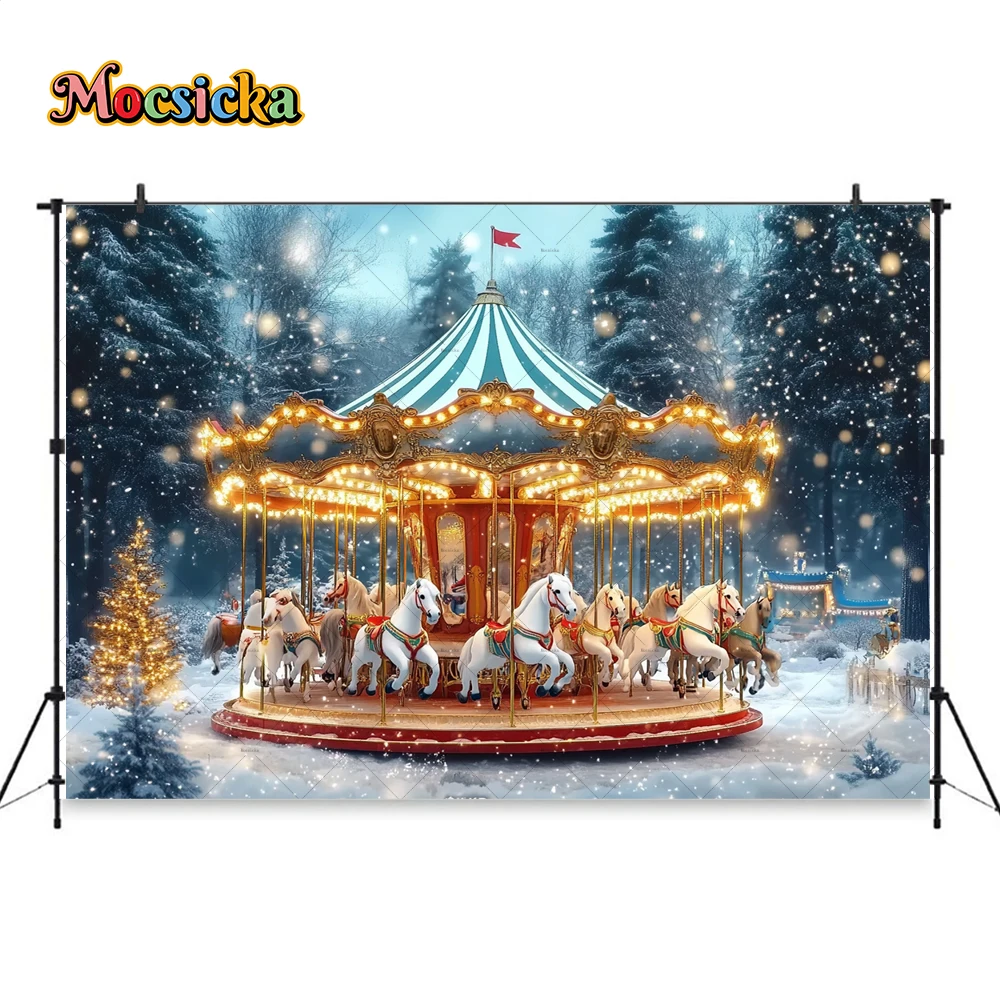 Christmas Dream Carousel Background Photography for Winter Kids Photos Night Forest Snowflake Backdrop Outdoor Wonderland Photo