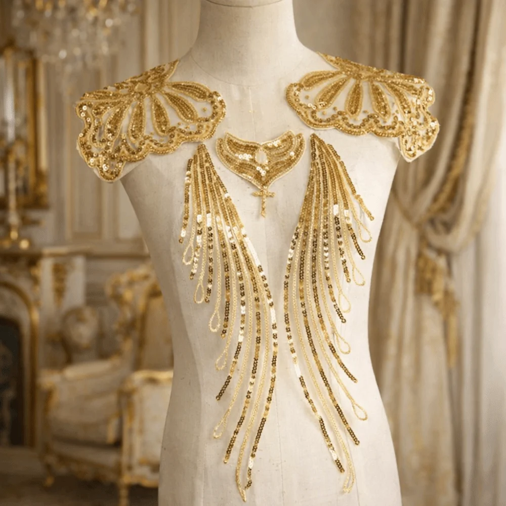 

Набор из 1 шт. Золотисто-серебристая кружевная тканевая аппликация с пайетками, вышивкой и бахромой, отделка из органзы для лифов и воротников, элегантная нашивка с пайетками