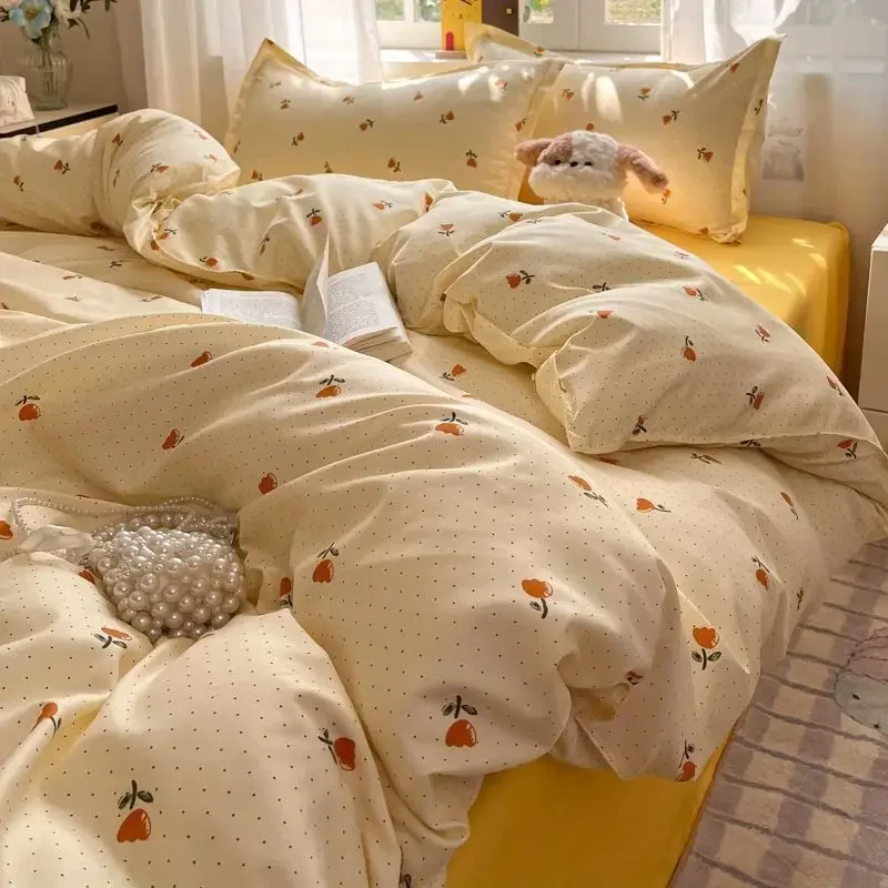 Fashion Floral Duvet Cover Set with Flat Sheet Pillowcase No Filler Girls Twin Full Queen Size Korean Soft Bedding Set