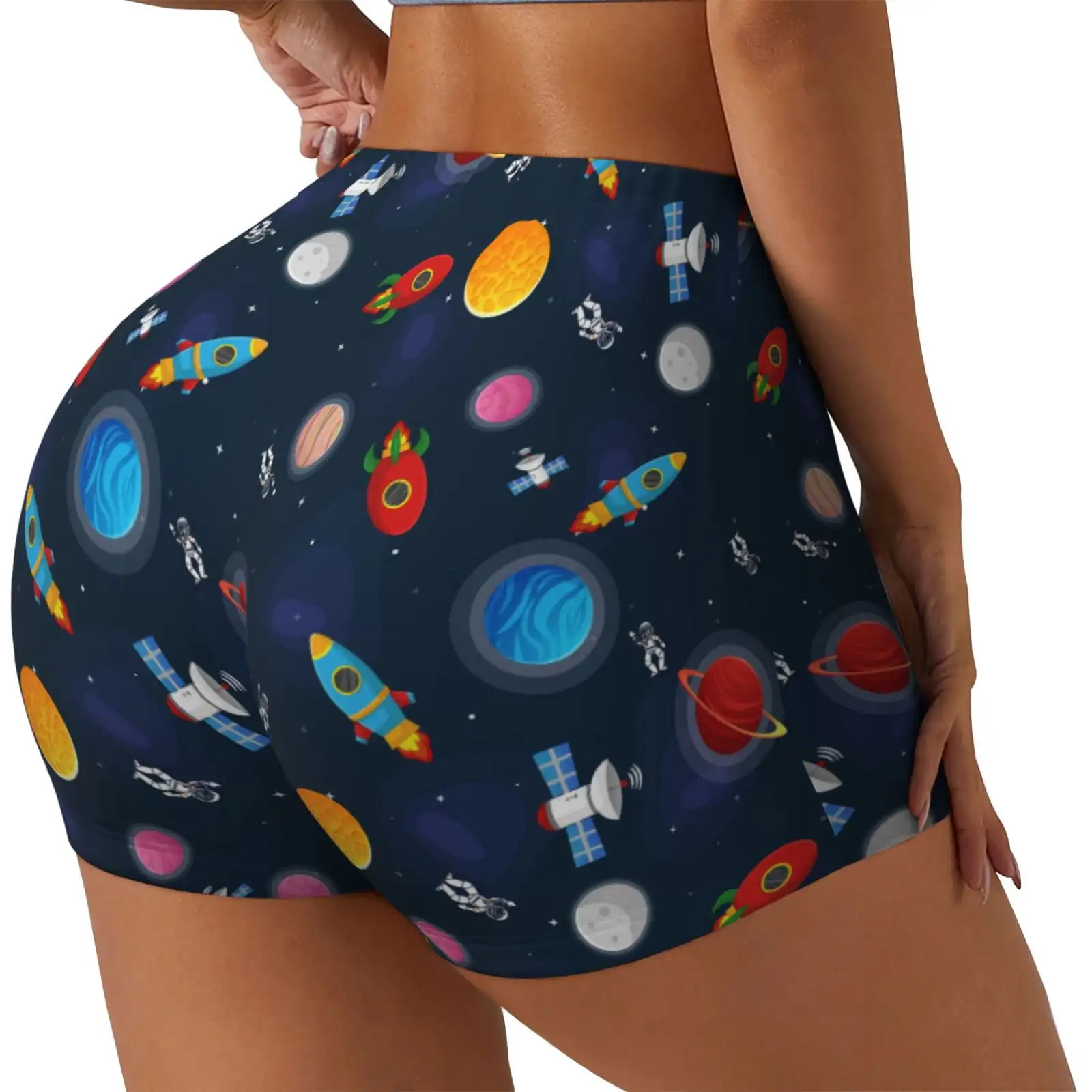 Space Cartoon Print Workout Shorts for Women Seamless Soft Smooth Gym Yoga Scrunch Active Shorts