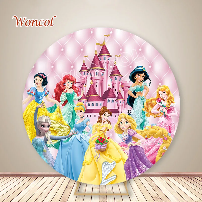 Disney Castle Princess Round Backdrop Belle Cinderella Ariel Aurora Elsa Backdrop Disney Princess Birthday Cylinder Cover Prop