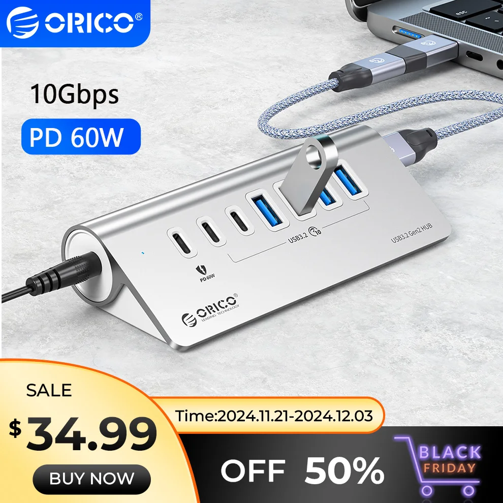 ORICO 10Gbps USB 3.2 Docking Station Hub Type C Splitter PD60W Charging Adapter Multi 4/7 Ports Switch For PC Laptop Accessories