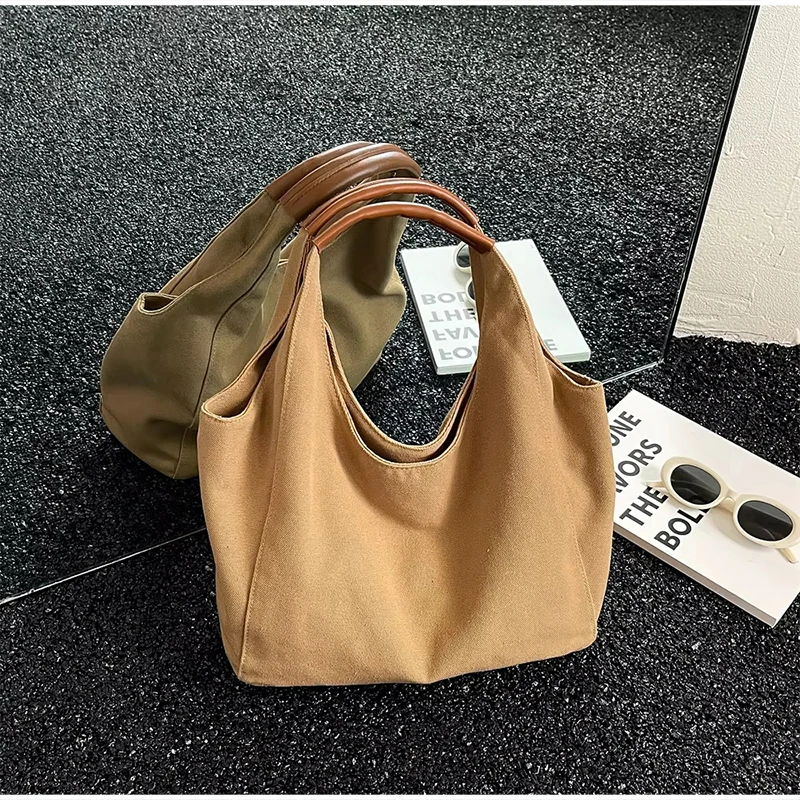 Koreanische Einfarbige Canvas-Handtasche mit Henkel, Damen-Schultertasche mit Großer Kapazität, Leichte Reise-Shopper-Tasche für den Täglichen Arbeitsweg – Detail 15