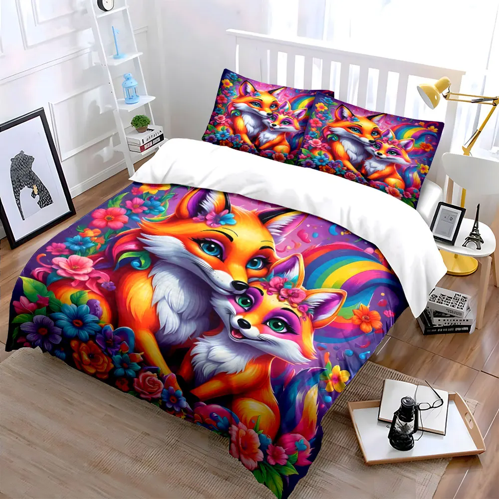 Rainbow foxes with flowers Bedding Set for Kids Luxury Gift 3pcs Digital Print Comforter Set Soft Comfortable Breathable