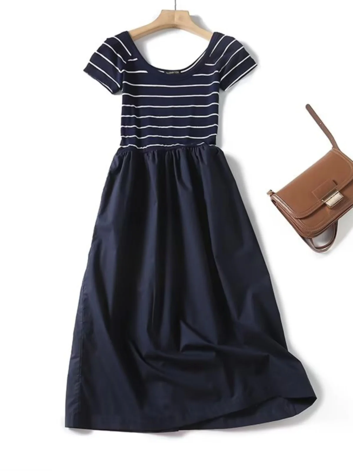 Rétro artistique rayé coton rond Ne ort Sve t-shirt Patchwork trajet Dr MD femmes Faion automne nouveauté