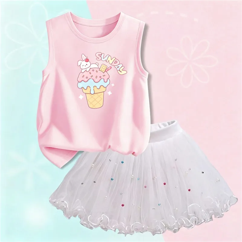 Girls Summer 2pcs Outfit Cute Ice Cream Animal Print Cotton Sleeveless Top Beaded Tutu Skirt Princess Daily Party Wear BQL2