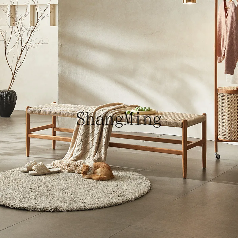 

CL Retro Solid Wood Bedside Stool Bedroom Living Room Rope Woven Dining Stool Sofa Bench Simple Modern Small Apartment