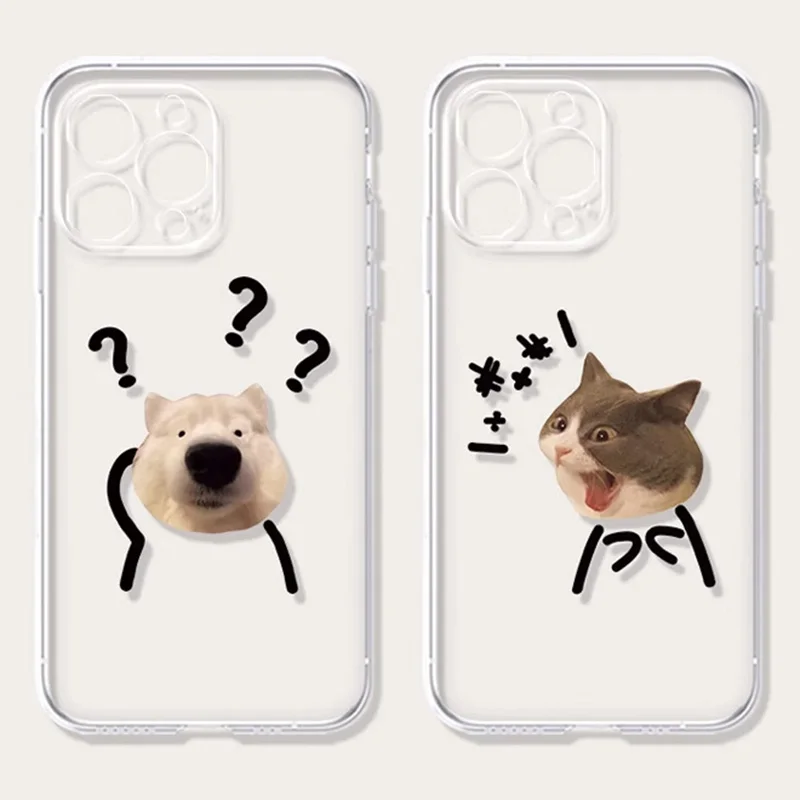 

Funny Dog Cat Clear Couple Phone Case For iPhone 16 15 13 12 11 14 Pro Max Mini XS X SE4 7 8 Plus 16E Cartoon Paired Cover Shell