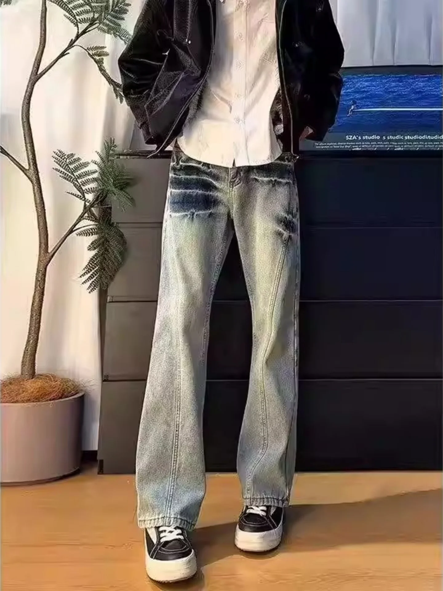 

Retro Lightning Pattern Jeans Men's Straight Leg Bell Bottoms Slimming Long Trousers Washed Effect Casual Summer Jeans