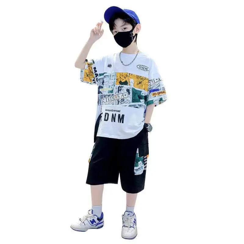 2024 summer Teenager Boys Clothes Casual Outfit Kids Tracksuit Child cartoon loose t shirt + shorts hot pant 4 7 8 10 12 11 Year