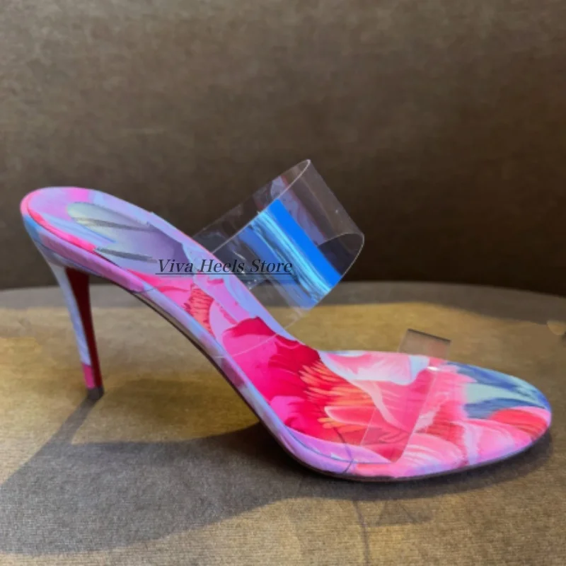 

Clear pvc leather printed pink mules for women 2026 summer new in sexy chic high heels pink/nude/black sandals luxury designer