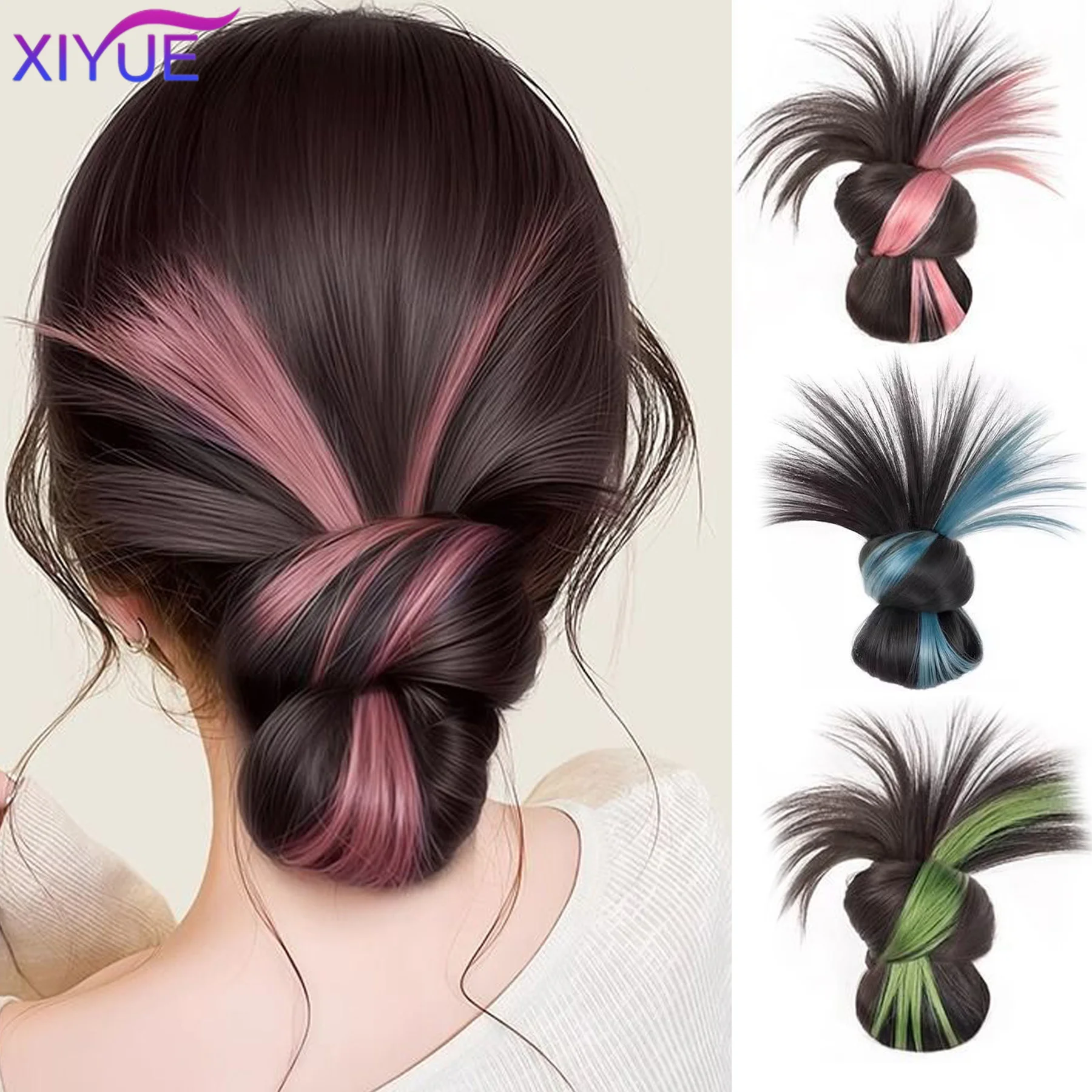 Synthetic pink blue green Low-tied Chicken Feather Ball Head Claw Clip Bun Lazy Bun Wig Bag Hair Accessories Suitable For Women