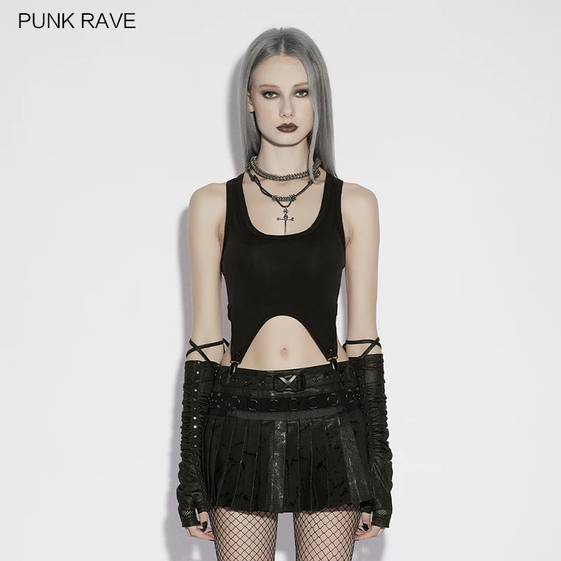 PUNK RAVE Women's Punk Low Waist Rubberized Twill A-line Pleated Skirt Metal Rings Webbing Daily Personality Short Skirts