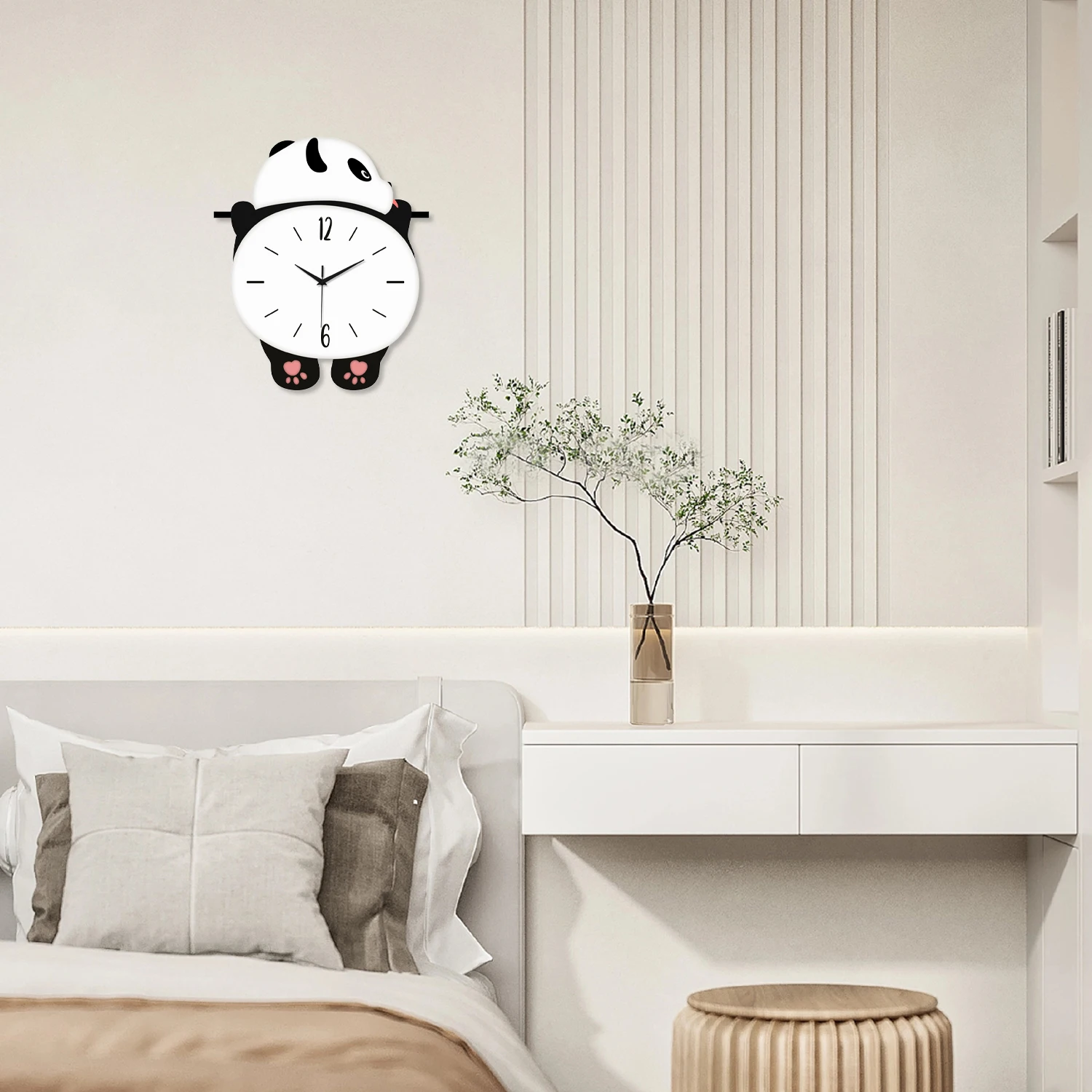A Modern Cute Wooden Panda Silhouette Clock with Pink Paws, Large Swinging Wall Clock, Battery-Powered Silent Swinging Clock for Living Room, Bedroom, Home, Kitchen, Aesthetic Room Decoration, Unique Gift (Battery Not Included) - view 2