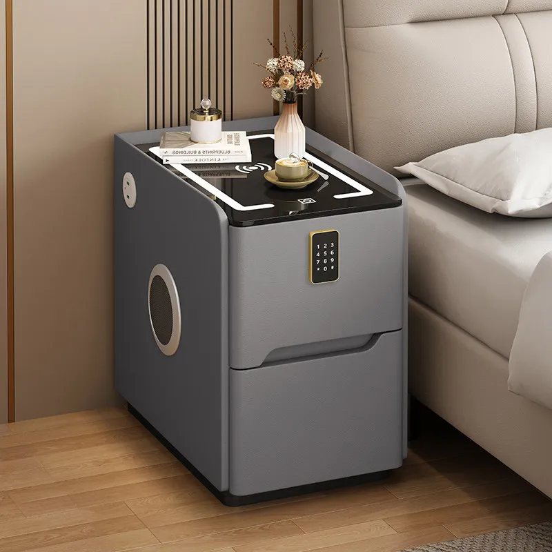Smart Multi-functional Nightstand LED Light Wireless Charging USB Interface Storage Glass Top Wood Frame Ultra Narrow Modern